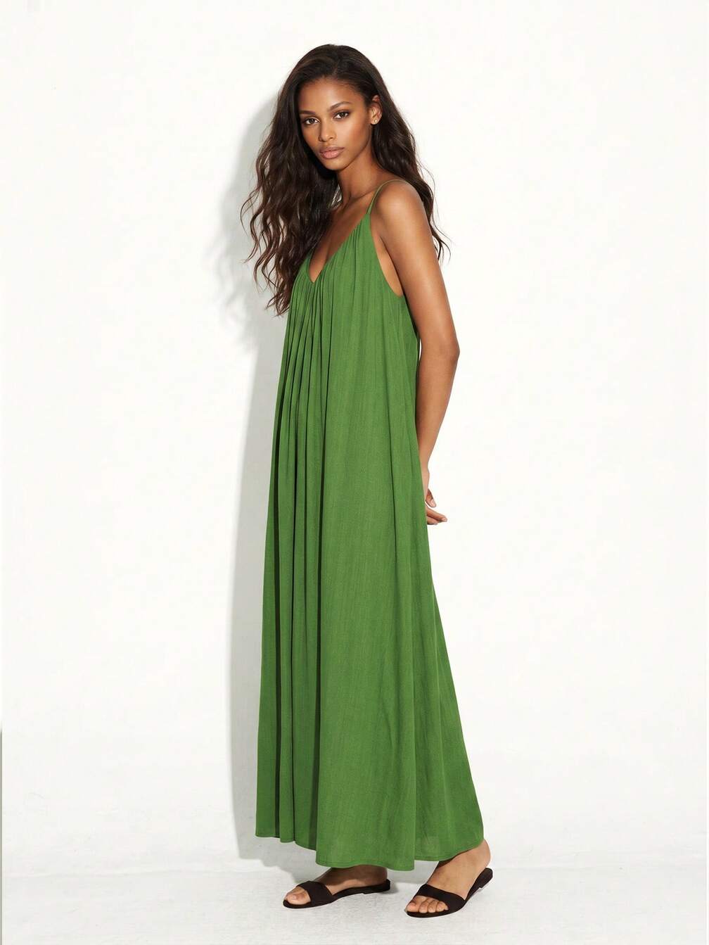 green casual maxi dress One Shoulder Sleeveless - Women's Sleeveless Maxi Dress, Elegant Green - Black - Dresses Polyester fabric Women's Green Maxi Dresses |