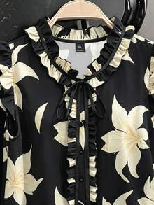 SHEIN Clasi CURVE Large-Sized Woven Casual Elegant Summer Women's Shirt Tea Party Black - Black - View 6