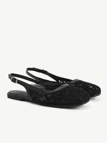 CUCCOO CHICEST Zapatos de mujer con punta cuadrada, suela plana, con tira de encaje negro y malla en la parte trasera. Zapatos planos elegantes, versátiles y cómodos para mujeres. - Negro - Ver 2