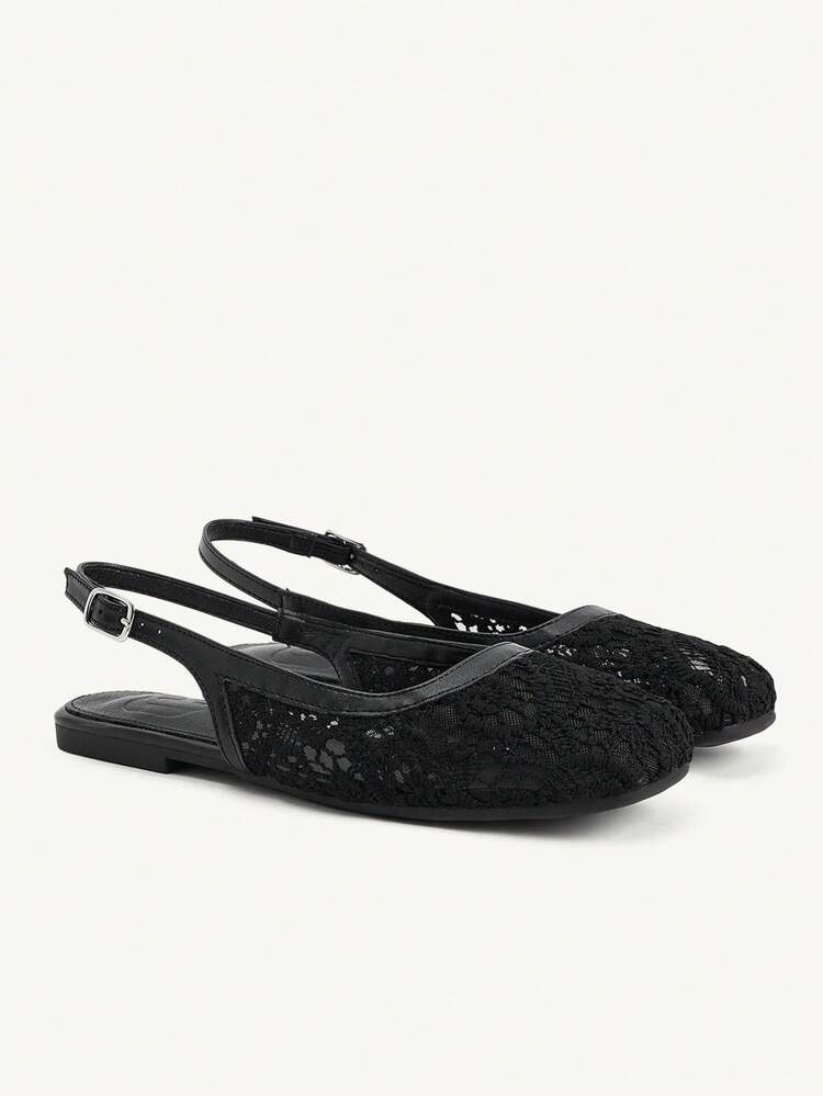 CUCCOO CHICEST Women Shoes Square Toe Flat Bottom Black Lace Mesh Back Strap Empty Women's Flat Bottom Shoes Fashion Elegant Versatile Comfortable Flat Bottom Women's Shoes
