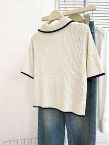 SHEIN Franclia Casual Loose Polo Collar Short Sleeve Hollow Knit Contrast Trim Design Cardigan For Women, Spring/Summer - Beige - View 2