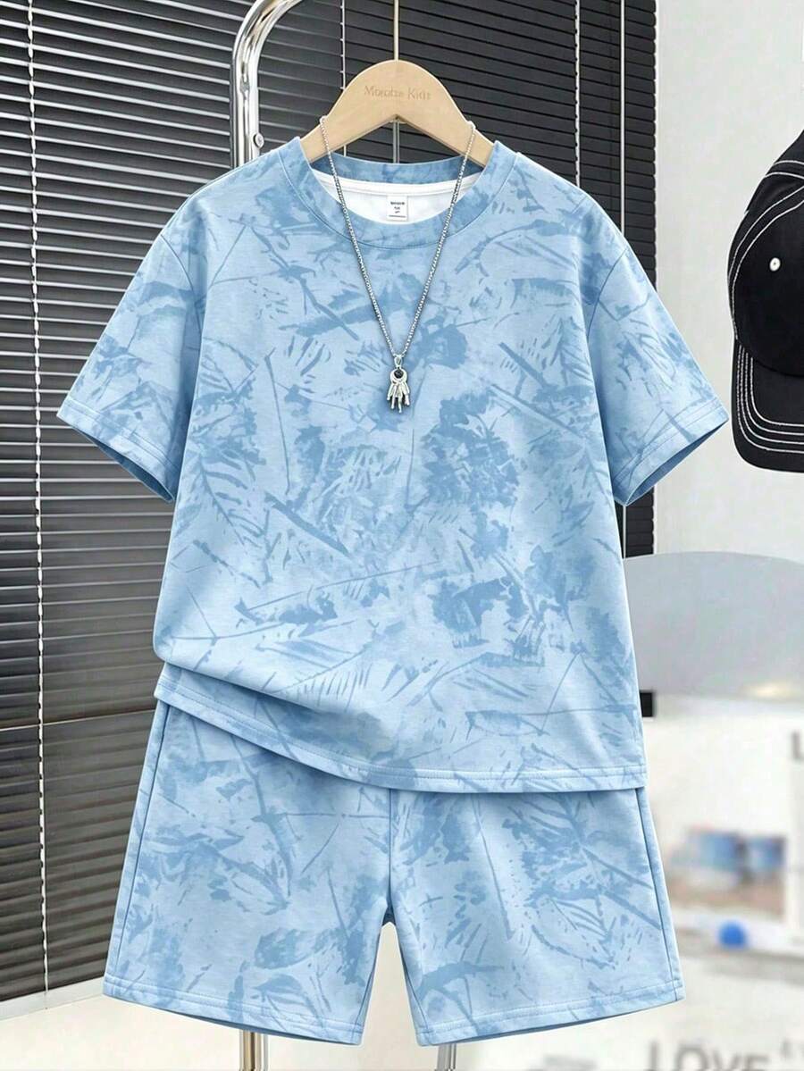 Tween Boy Casual Comfortable Minimalist Round Neck Short Sleeve T-Shirt And Shorts Set - Multicolor - View 1