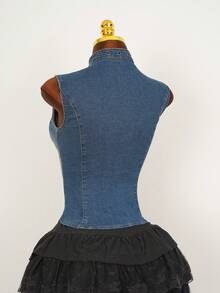 Attitoon Áo sơ mi denim nữ không tay kiểu dáng thường ngày với thiết kế dây buộc có lỗ xỏ. - Rửa tối - Xem 2