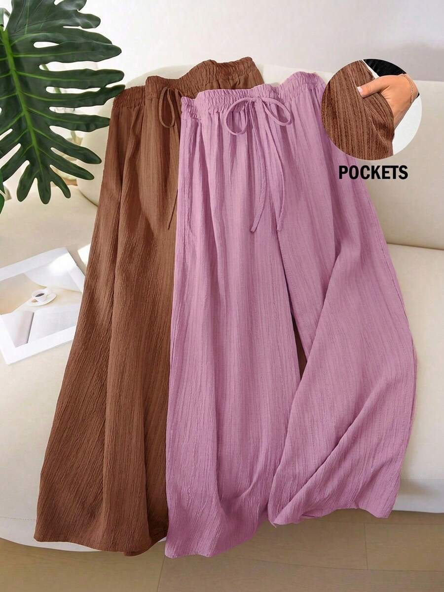 CosyJoli Plus Size Casual Textured Chiffon Basic Straight Leg Pants - Multicolor - View 1