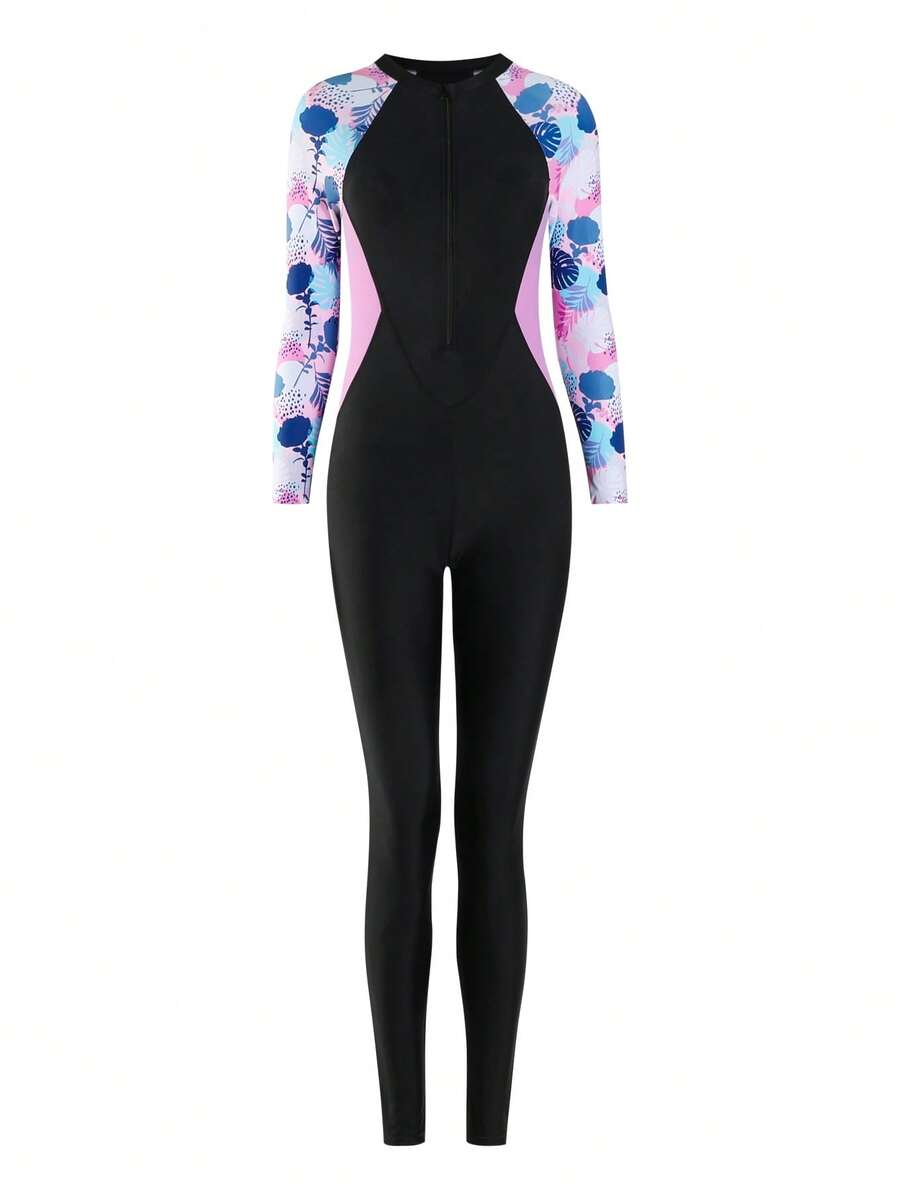 SHEIN Baju Renang Terusan Anak Perempuan Motif Bunga Tropis dengan Resleting Depan dan Lengan Raglan, Cocok untuk Selancar/Olahraga di Musim Panas, Pantai, Kolam Renang, dan Liburan. - MultiWarna - View 1