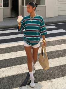 SHEIN Muchic Áo thun dáng rộng, cổ tròn, tay ngắn, họa tiết tối giản, kiểu Mỹ retro, kẻ sọc, phù hợp cho nữ giới theo phong cách đường phố. - Nhiều màu - Xem 4