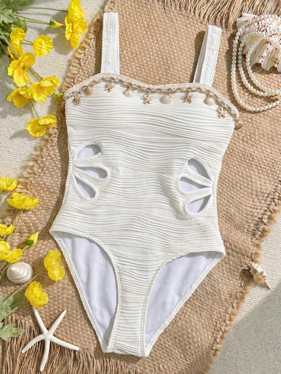 SHEIN 少女杏色纯色针织纹理波浪贝壳边吊带连体泳衣，适合海滩和泳池休闲度假，春夏儿童泳装，波西米亚风连体泳衣，保守款泳衣 - 杏色 - 查看 1