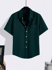 Manfinity Homme Men's Plus Size Ribbed Single-Breasted Pocket Short Sleeve Shirt, Versatile Daily Wear, Ceremony - Dark Green - View 3
