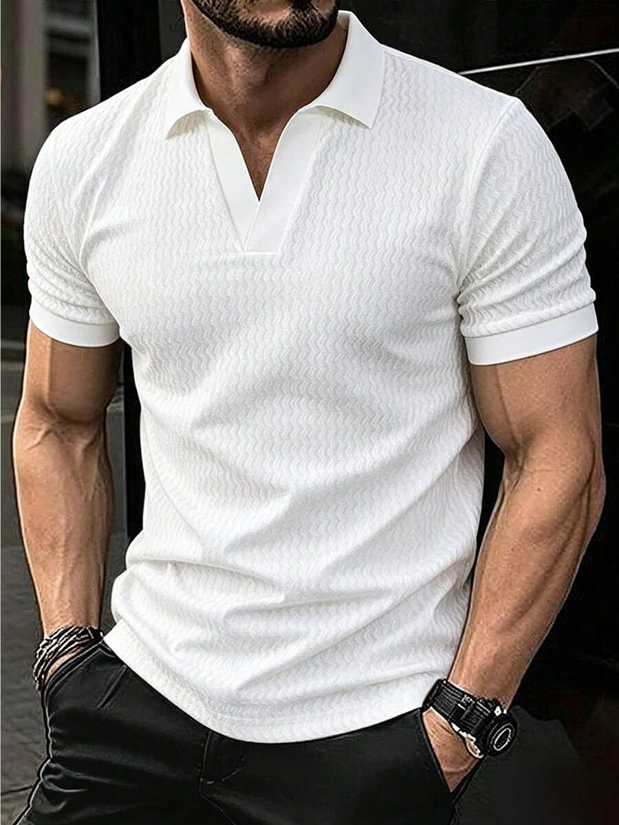 Manfinity Homme 男士纯色休闲百搭通勤短袖Polo衫 - 白色 - 查看 1