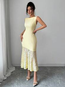 SHEIN Raffinéa Đầm dài không tay ôm sát eo, phối ren, màu vàng nhạt thanh lịch dành cho nữ. - Butter Yellow - Xem 3