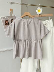 SHEIN EZwear 女士时尚圆领条纹梭织衬衫，日常百搭 - 咖啡棕 - 查看 2