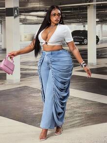 Slaydiva Plus Size Women High Waist Distressed Wide Leg Loose Fit Jeans With Big Pockets - Blue - View 7
