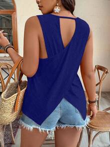 SHEIN Clasi Áo tank top cỡ lớn hở lưng, kiểu đan chéo, ôm sát, cổ yếm khoét sâu, quấn ngực. - Xanh đậm - Xem 8