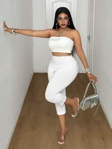 Maweii Summer Solid Color Sexy Fitted Studded 7/8 Yoga Pants - White - View 6