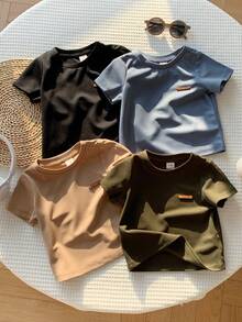 SHEIN 男女宝宝4件套纯色基础款圆领短袖针织T恤套装，舒适休闲百搭，适合春夏室内外活动 - 彩色 - 查看 5