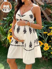 SHEIN Đầm bầu in hoa, kiểu dáng xoắn nhún, thoải mái, thích hợp cho kỳ nghỉ. - Màu Khaki - Xem 3