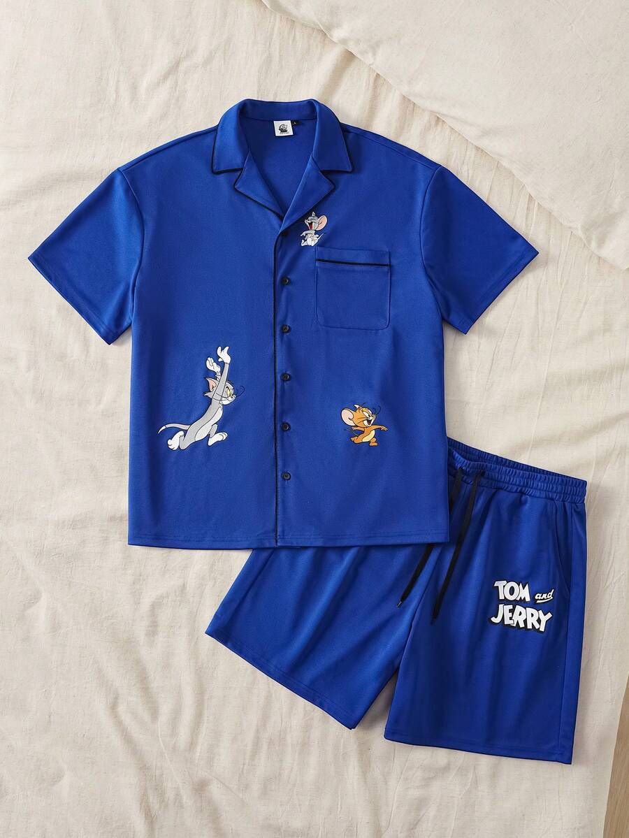 TOM & JERRY X SHEIN 男士短袖单排扣上衣和短裤睡衣套装 - 藍色 - 查看 1