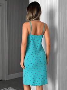 SHEIN Vestido corto de dormir de algodón de punto acanalado de color verde menta con detalles de encaje de contraste en el cuello y estampado de cerezas, cómodo y casual para el hogar - verde menta - Ver 2