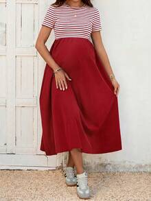 SHEIN Maternity Casual Striped Patchwork Dress - Red - View 4