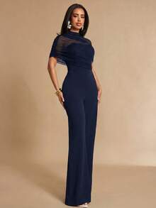 Silquee Bộ jumpsuit nữ thời trang, đa năng, thiết kế khăn choàng lưới. - Màu xanh hải quân - Xem 5