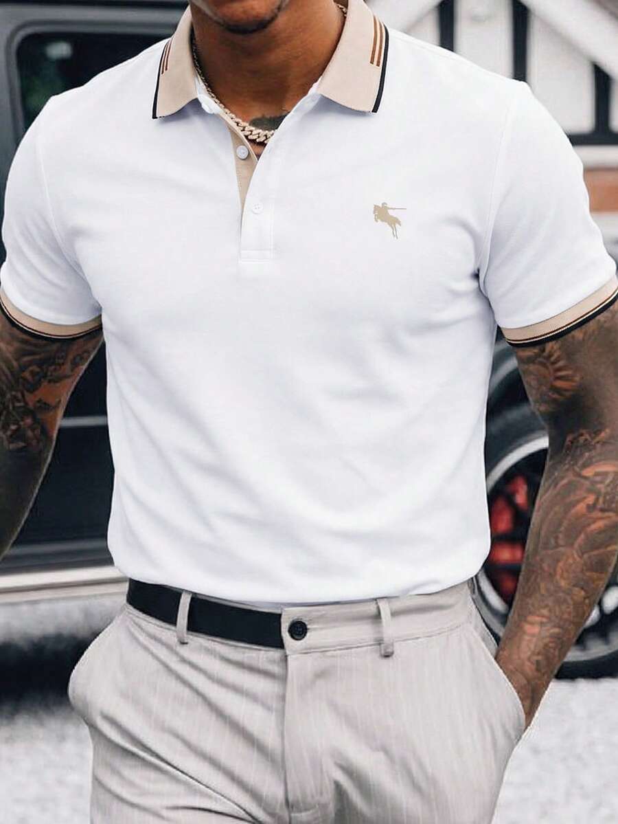 Manfinity Mode Men's Contrast Color Polo Shirt, Suitable For Outings, Parties And Office Wear, Formal, Ceremony - White - View 1