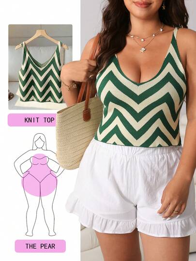 Solflare Áo dệt kim ôm dáng không tay cổ chữ V họa tiết zigzag cỡ lớn dành cho mùa hè