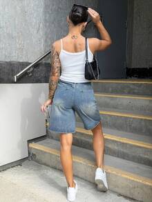 SAYEHFBABY Summer Casual Wide Leg Denim Shorts Jorts - Medium Wash - View 2