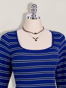 SHEIN ICON Plus Size Colorful Striped Backless Flare Sleeve Knit Dress - Royal Blue - View 3