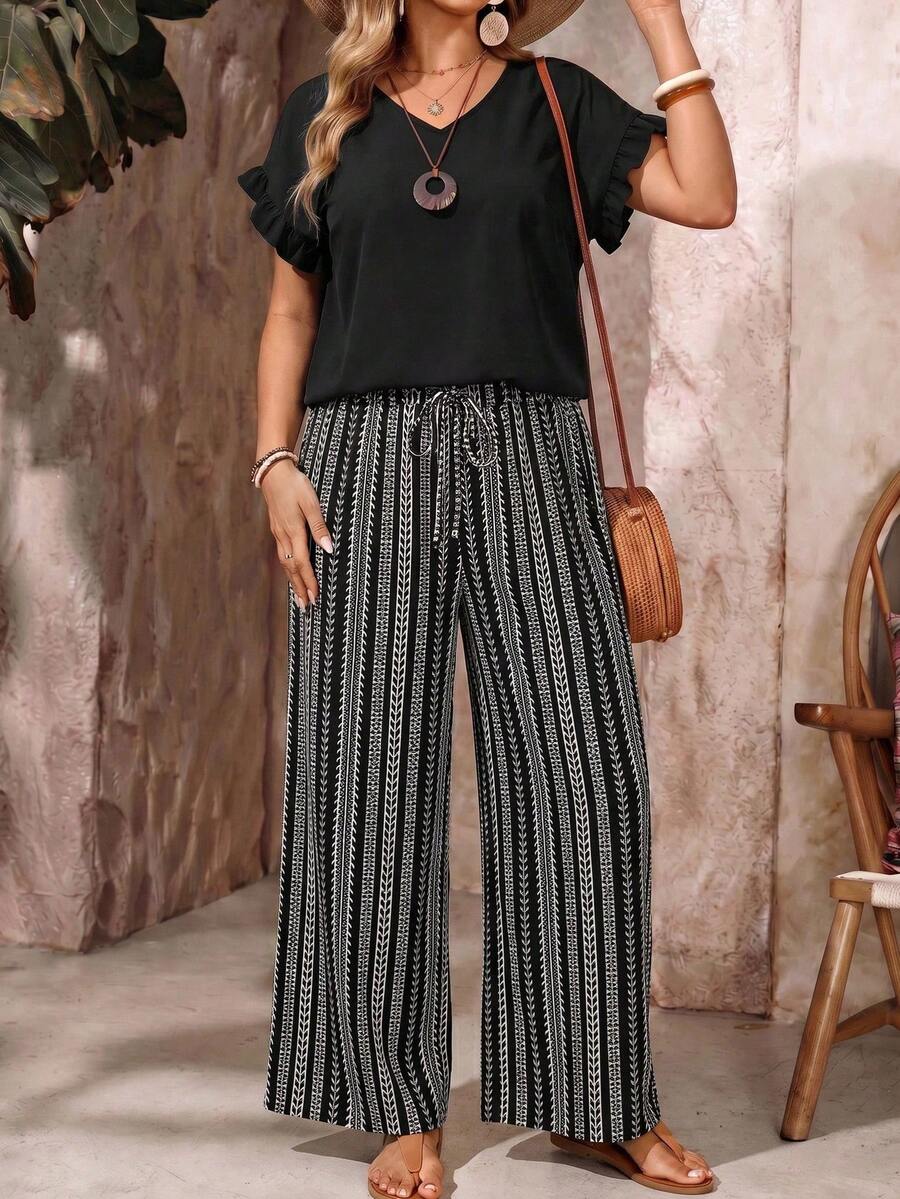 EMERY ROSE 2pcs/Set Plus Size Women Summer Solid Ruffle Trim Top And Striped Print Casual Pants Set - Multicolor - View 1