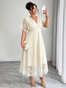 Elenzga Đầm ren cổ chữ V thanh lịch dành cho nữ cỡ lớn, dáng chữ A thắt eo, thích hợp cho đám cưới, tiệc tùng, dạ hội, mùa xuân/hè. - Màu be - Xem 1