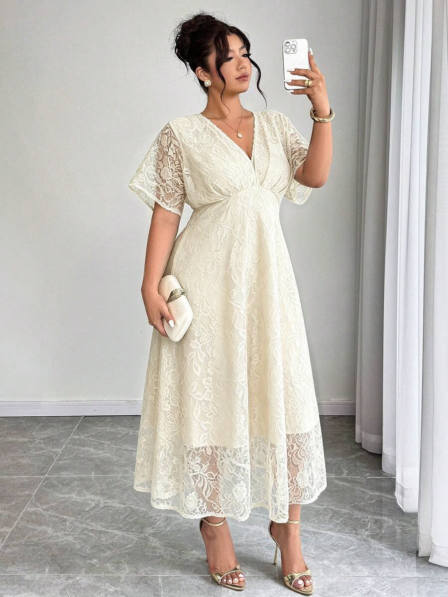 Elenzga Đầm ren cổ chữ V thanh lịch dành cho nữ cỡ lớn, dáng chữ A thắt eo, thích hợp cho đám cưới, tiệc tùng, dạ hội, mùa xuân/hè. - Màu be - Xem 1