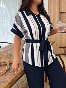 SHEIN LUNE Plus Size Women's Navy Blue Patchwork Shirt, Solid Color Slim Fit Pants Set, Casual Daily Outfit, Spring/Summer Bussines Office - Multicolor - View 5