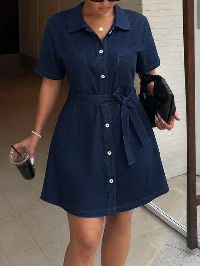 SHEIN Plus 100% Cotton Raw Wash Denim Shirt Dress