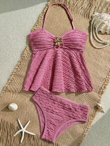 SHEIN Bộ đồ bơi tankini cổ yếm dệt jacquard dành cho bé gái tuổi teen - Hồng - Xem 8