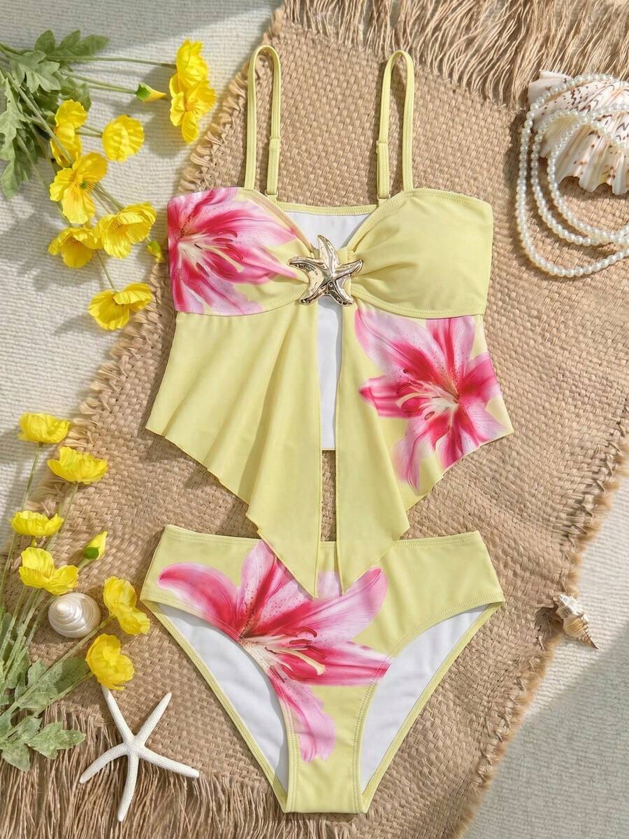 Tankinis de niñas adolescentes con tirantes de espagueti, decoración de estrella de mar de metal, conjunto de bikini con base rosa y gran estampado floral, traje de baño de playa, trajes de baño de primavera/verano para niñas adolescentes. Traje de baño de una pieza con lazo para niñas, traje de baño para niñas, trajes de baño para niñas, trajes de baño florales de verano para vacaciones, traje de baño con flores - Amarillo - Ver 1