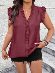 Breezaya Plus Size Solid Color V-Neck Denim Ruffle V-Neck And Ruffle Sleeve Blouse Teachers' Day Office Burgundy Summer Elegant - Burgundy - View 5