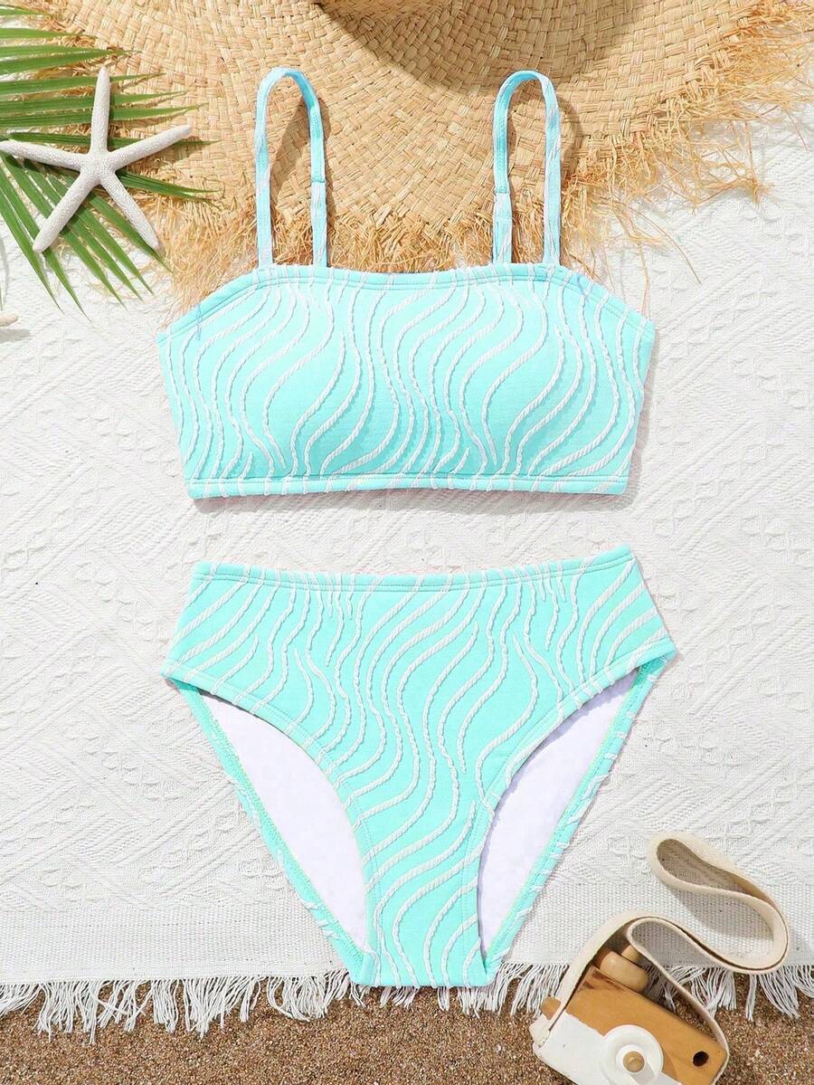 2pcs/Set Girls Fashionable Casual  Bikini Set, Suitable For Beach, Swimming, Travel In Summer - Blue - View 1