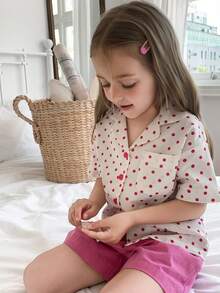 DAZY Young Girls Collar Short Sleeve Shirt Top + Casual Shorts Set, Pajamas - Baby Pink - View 6
