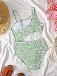 SHEIN Bộ đồ bơi liền thân cho bé gái tuổi teen, dễ thương, màu xanh lá cây in hoa, kiểu dáng bất đối xứng, dây đeo vai khoét eo, viền xanh, thời trang thanh lịch, phù hợp cho bơi lội, kỳ nghỉ hè, bãi biển, hồ bơi, tiệc tùng. - màu xanh lá - Xem 2