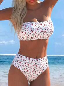 Swim Mod Women's Summer Vacation Beach Ditsy Floral Matching Fuchsia Plaid Spaghetti Strap High Waist Bikini Set - Multicolor - View 2