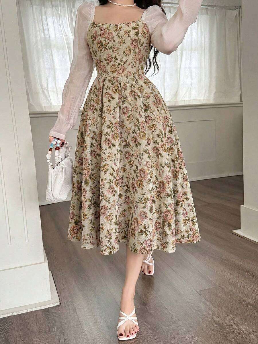 Feyla 女士优雅提花拼接中长连衣裙