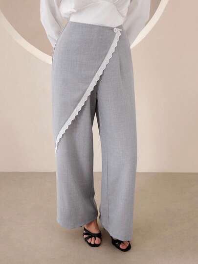 Graceveil Grey Contrast Lace Button Decor Straight Leg Elegant Casual French Style Pants