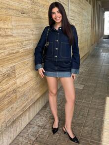 Hindelle 女深蓝色牛仔套装长袖牛仔外套和卷边下摆裙25秋冬新款韩版休闲装办公室女装ins风秋季外套两件套牛仔套装女 - 深色水洗藍 - 查看 1