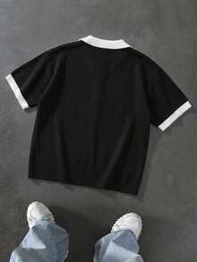 Manfinity Homme 男士撞色短袖半拉链休闲宽松针织上衣，夏季百搭 - 黑與白 - 查看 3