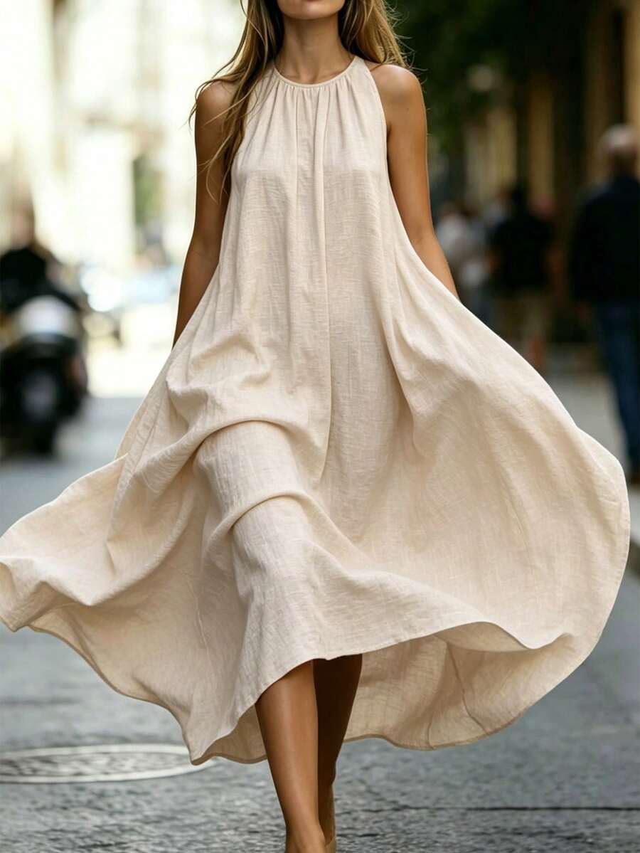 SHEIN Holidaya Đầm vải lanh cổ tròn mùa hè dành cho nữ, đầm không tay dáng rộng thoải mái, đầm đi biển kiểu Pháp. - Màu be - Xem 1