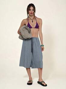 COUREZ Quần short dài đến đầu gối kẻ caro cạp thấp / Trang phục mùa hè Y2K cho nữ, quần short dài kẻ caro, trang phục đi chơi, trang phục thường ngày, trang phục dự tiệc, quần short lễ hội, trang phục lễ hội, quần mùa hè, trang phục mùa xuân cho nữ, quần áo mùa hè cho nữ - Màu xanh hải quân - Xem 2