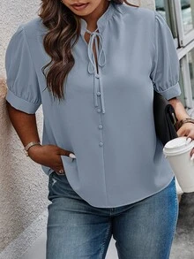 SHEIN Clasi 大码女式夏季休闲纯色系带衬衫 - 霧霾藍 - 查看 3