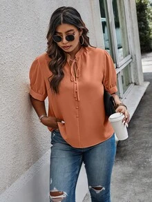SHEIN Clasi 大尺碼夏季休閒純色泡泡袖襯衫 - 橘色 - 查看 5