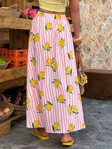 Weeklong Plus Size Women's Striped Colorful Fruit Print A-Line Loose Casual Beach Holiday Daily Skirt, Spring/Summer - Multicolor - View 2