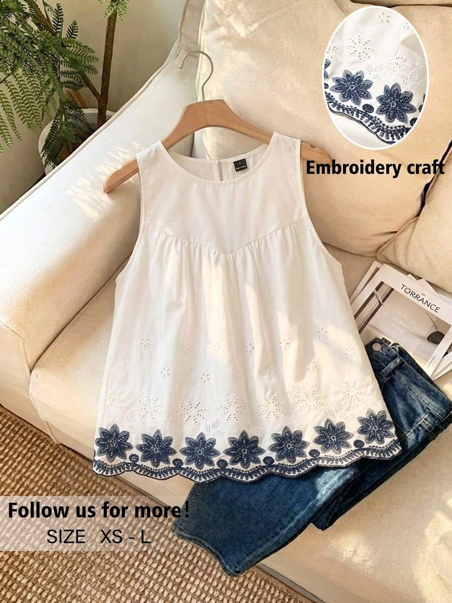 CosyJoli Áo sơ mi nữ kiểu dáng thường ngày, áo sơ mi ôm dáng thêu họa tiết mùa xuân/hè, áo vest trắng không tay. - trắng - Xem 1